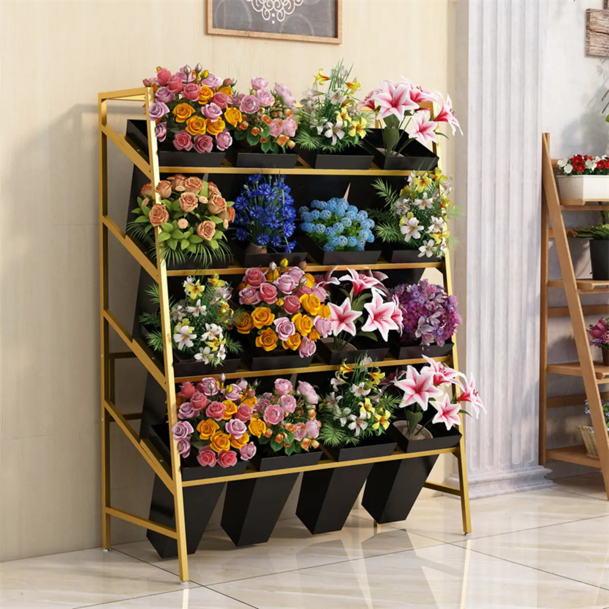 Rectangle Iron Gold Floor Storage Pot Plant Stand Black Image - 3