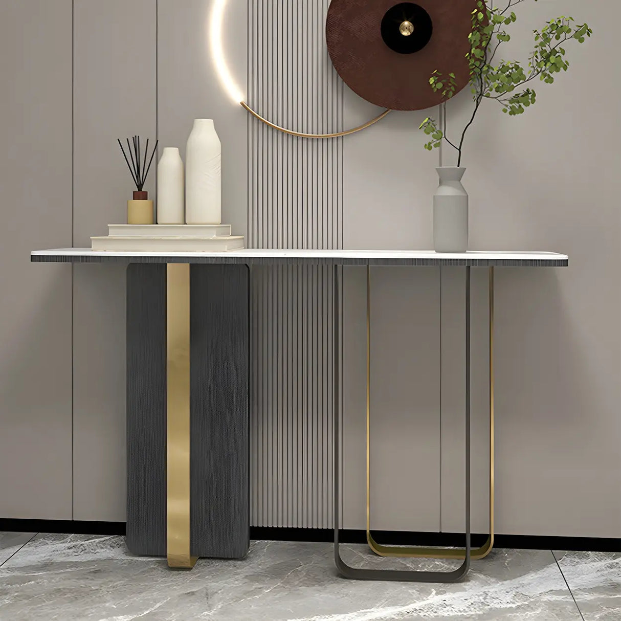 Rectangle Marble Top Abstract Metal Base White Console Table Image - 1