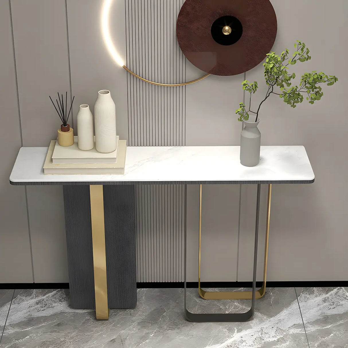 Rectangle Marble Top Abstract Metal Base White Console Table Image - 2