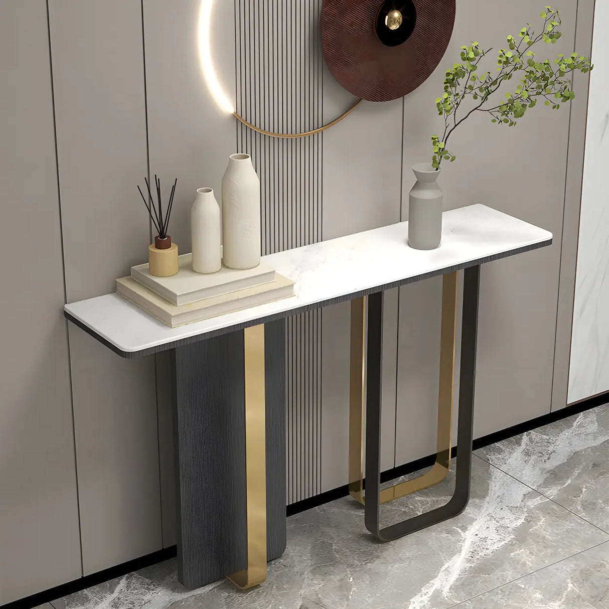 Rectangle Marble Top Abstract Metal Base White Console Table Image - 3