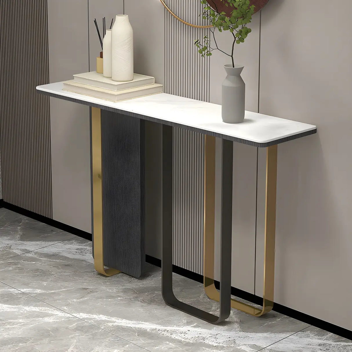 Rectangle Marble Top Abstract Metal Base White Console Table Image - 4