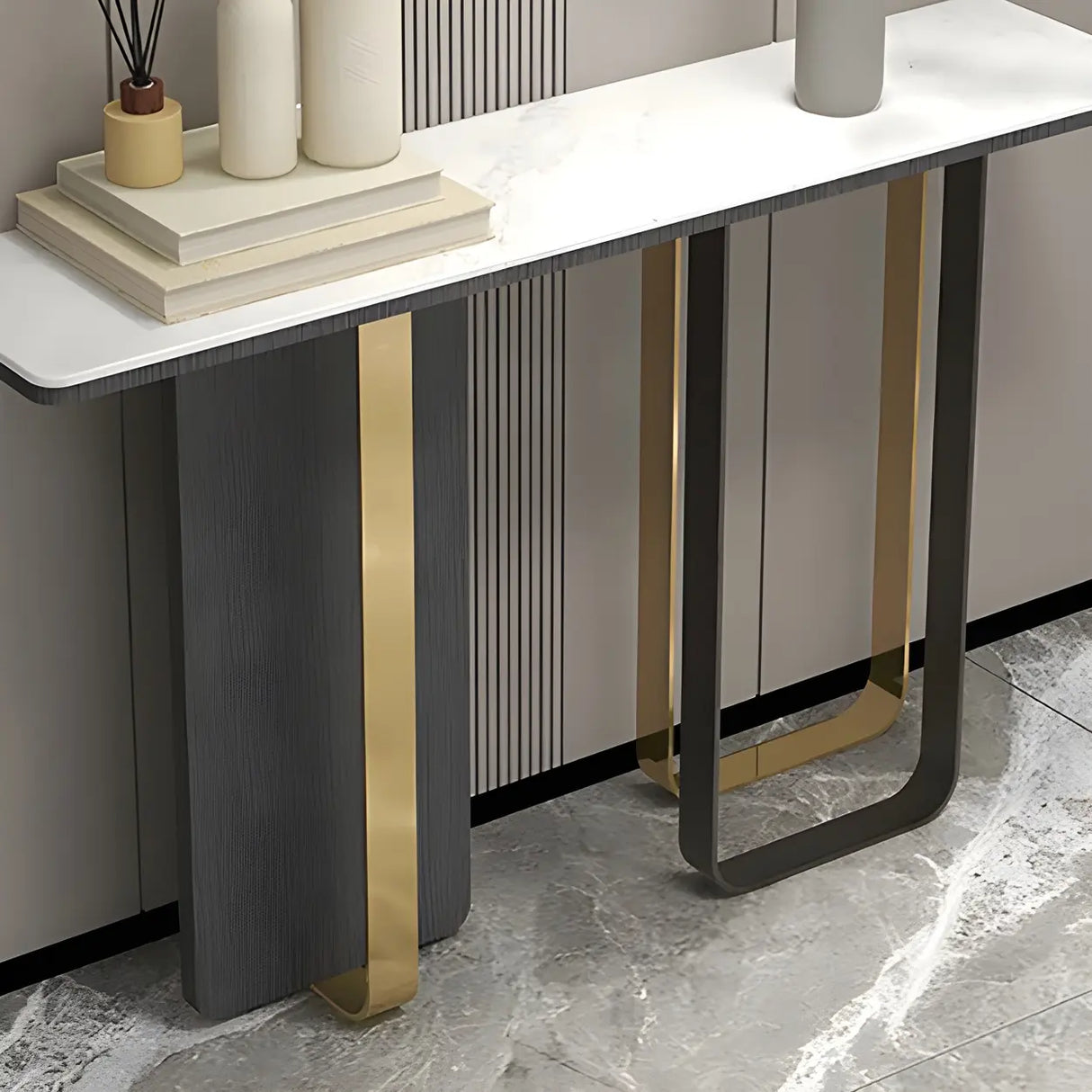 Rectangle Marble Top Abstract Metal Base White Console Table Image - 7