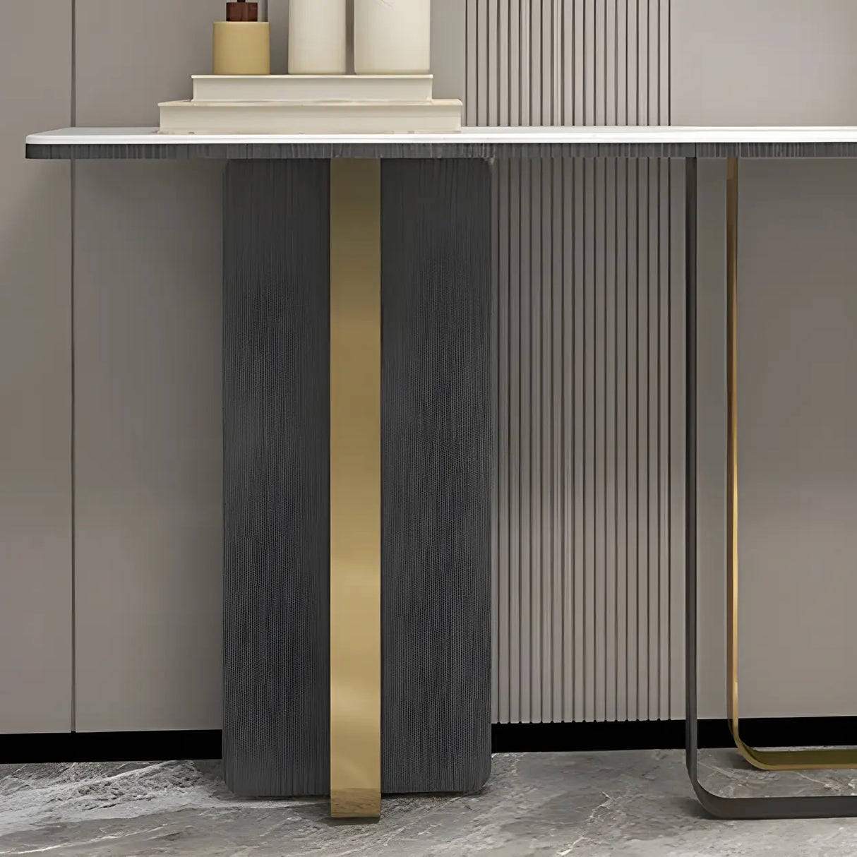 Rectangle Marble Top Abstract Metal Base White Console Table Image - 8