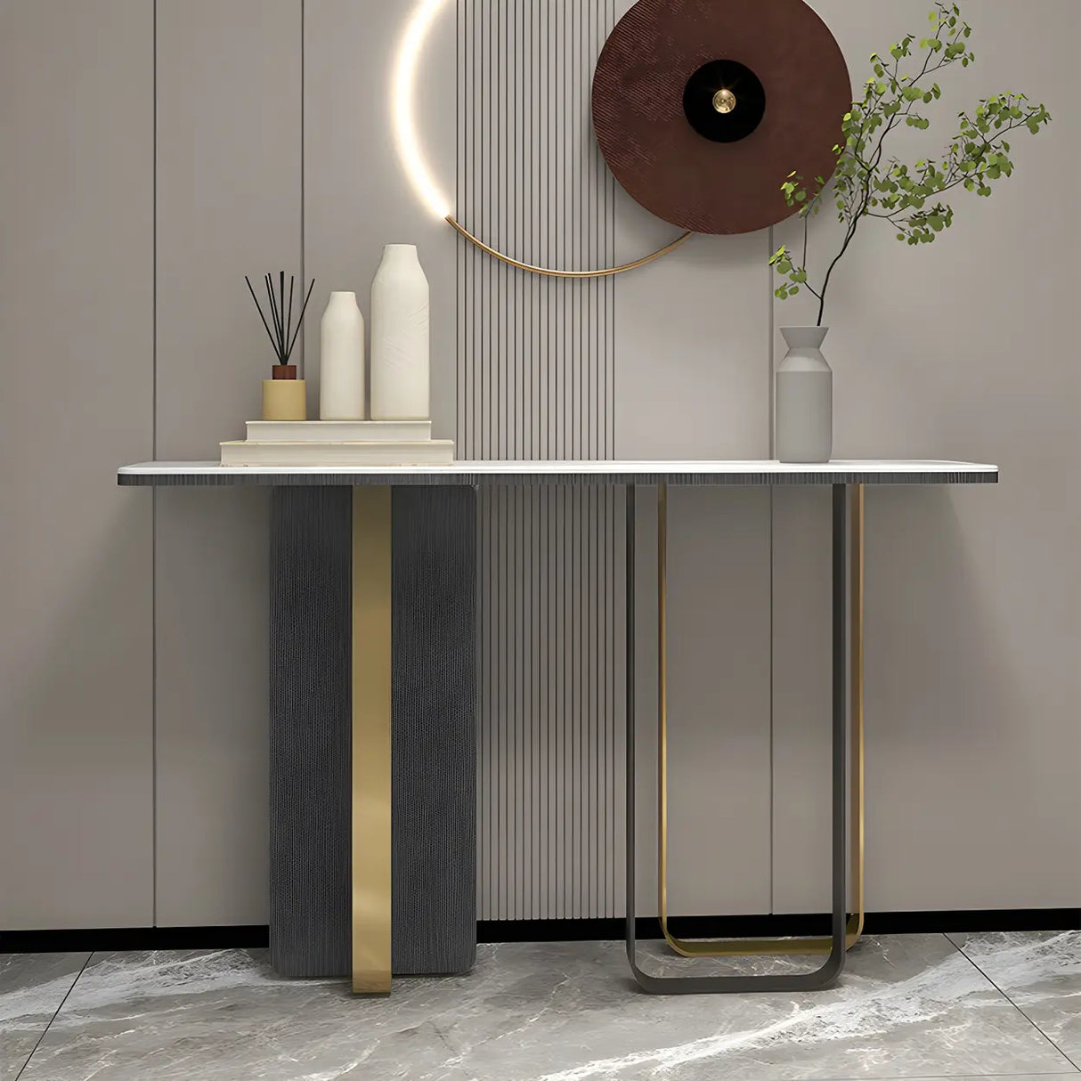 Rectangle Marble Top Abstract Metal Base White Console Table Image - 9