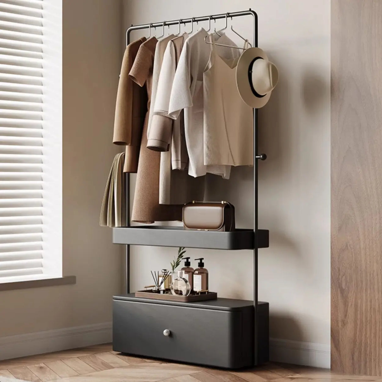 Rectangle Metal Bedroom Off-White Drawers Shelves Coat Rack Image - 3