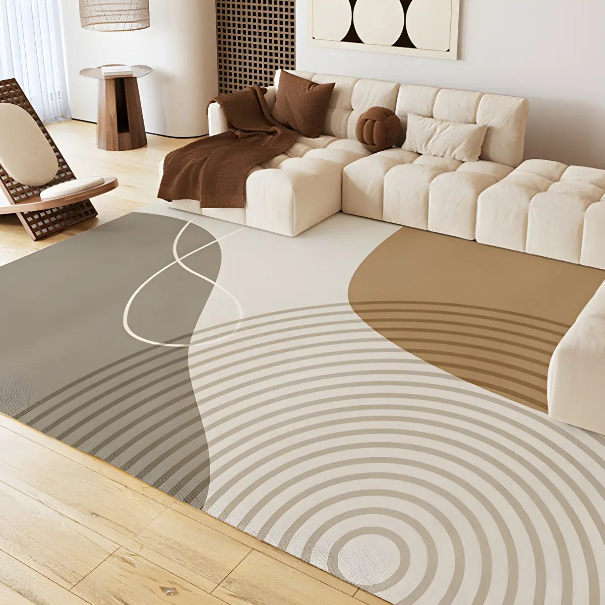 Rectangle Modern Abstract Polyester Camel Area Rug Image - 1
