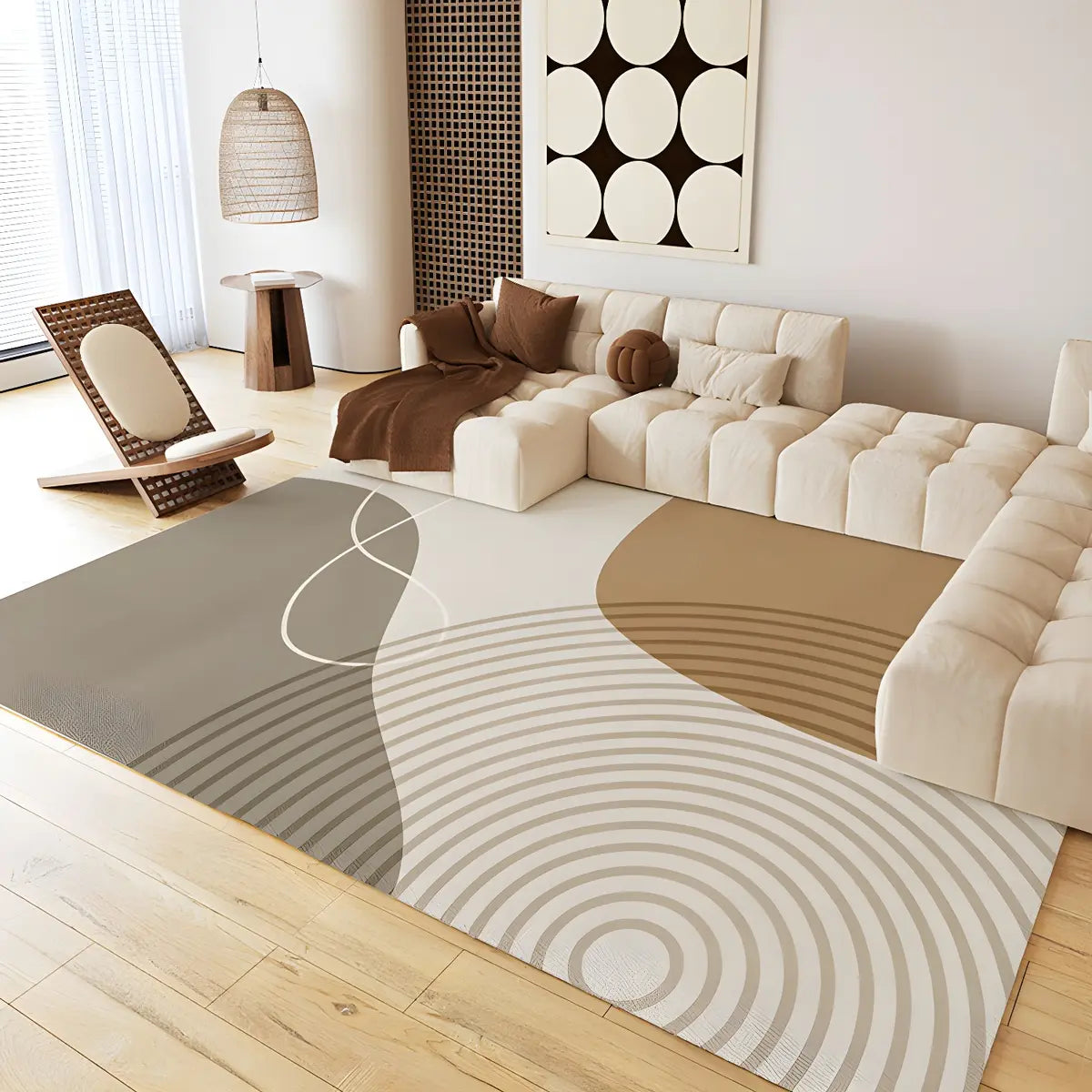 Rectangle Modern Abstract Polyester Camel Area Rug Image - 6