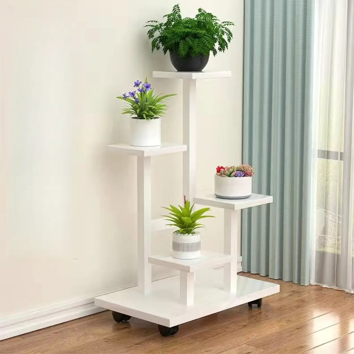 Rectangle Multi-Tier Wood Floor Tray Plant Stand White Image - 3
