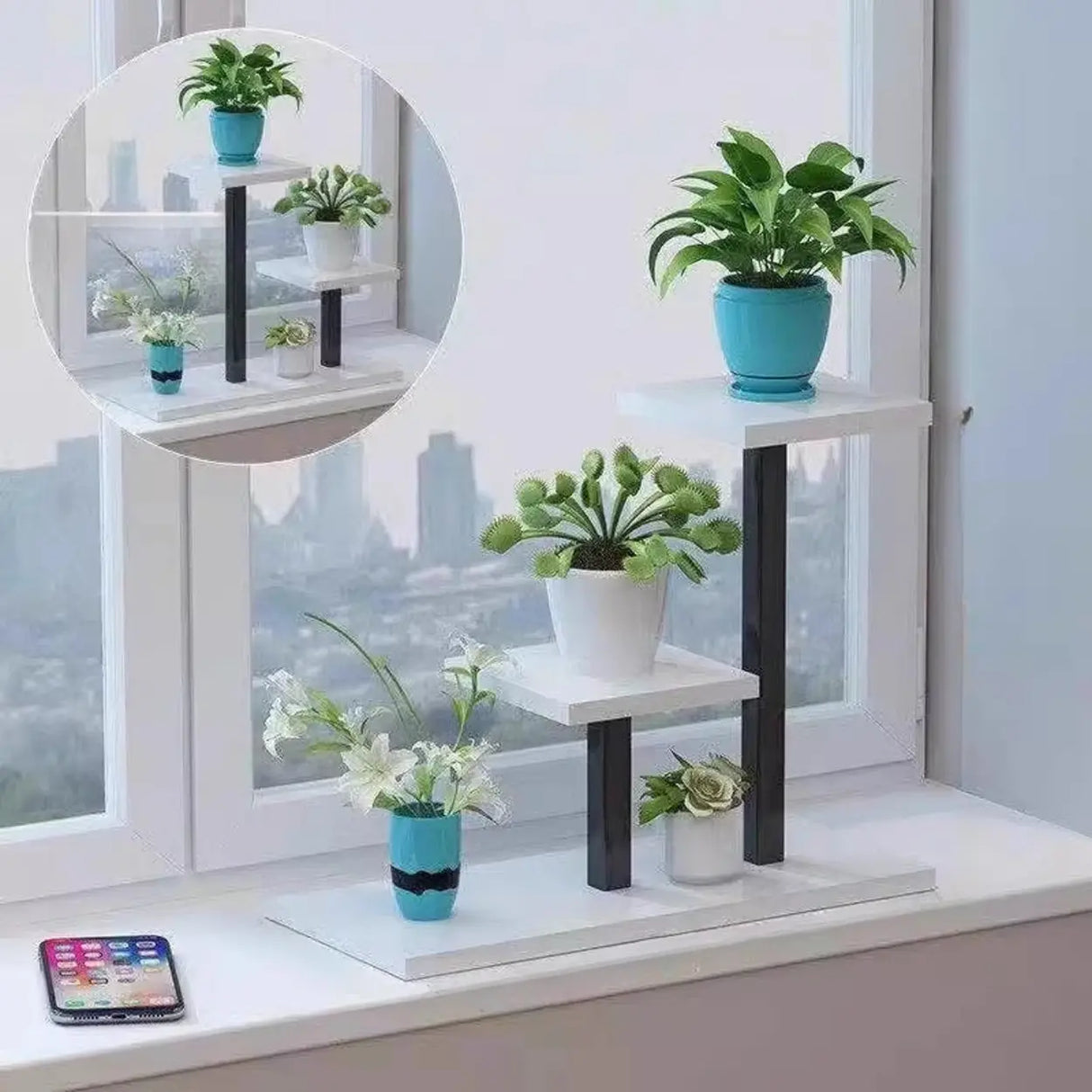 Rectangle Multi-Tier Wood Floor Tray Plant Stand White Image - 7