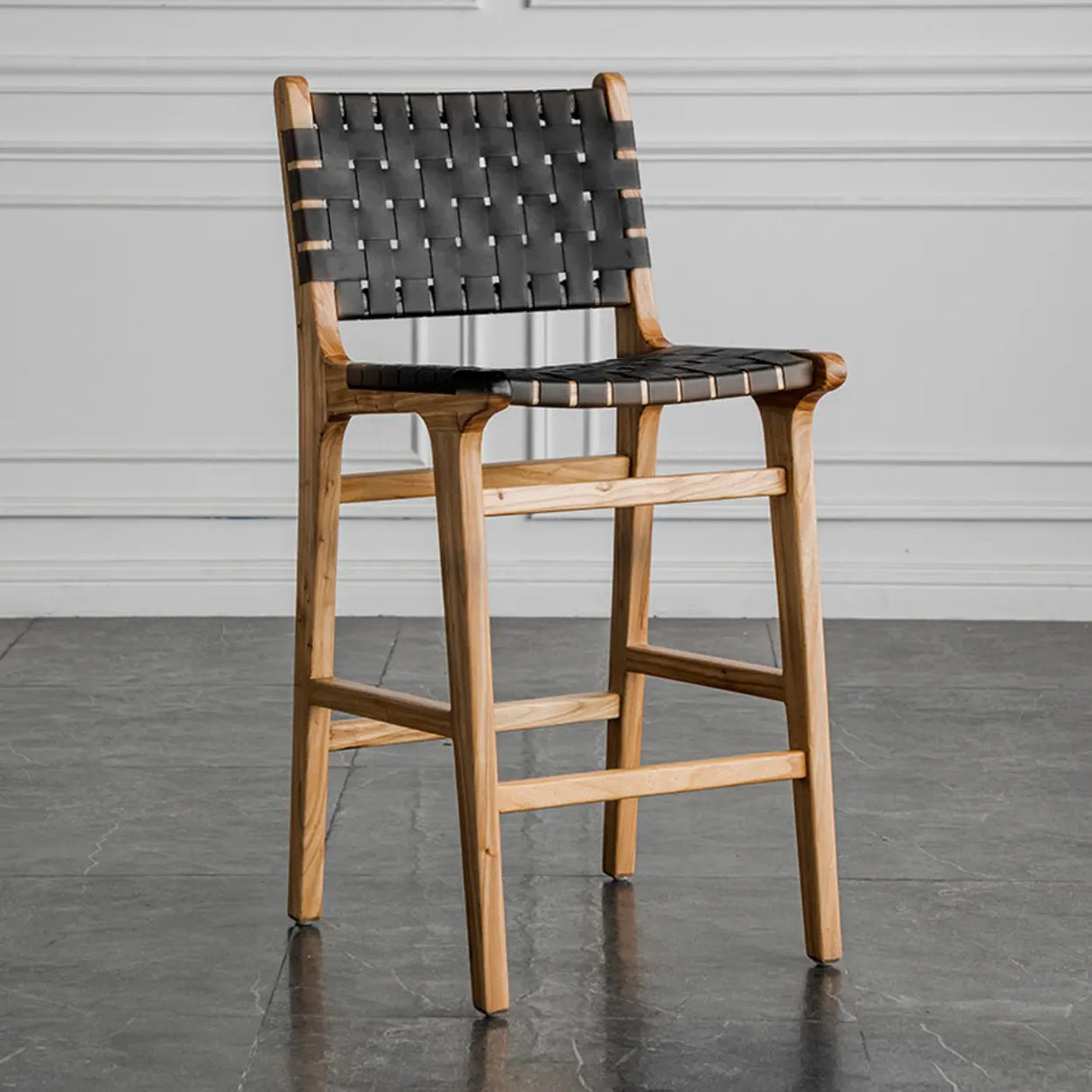 Rectangle Wood Leather Woven Bar Stool with Footrest Image - 2