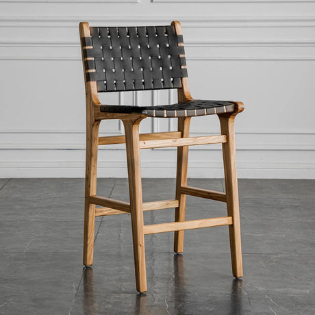 Rectangle Wood Leather Woven Bar Stool with Footrest Image - 2