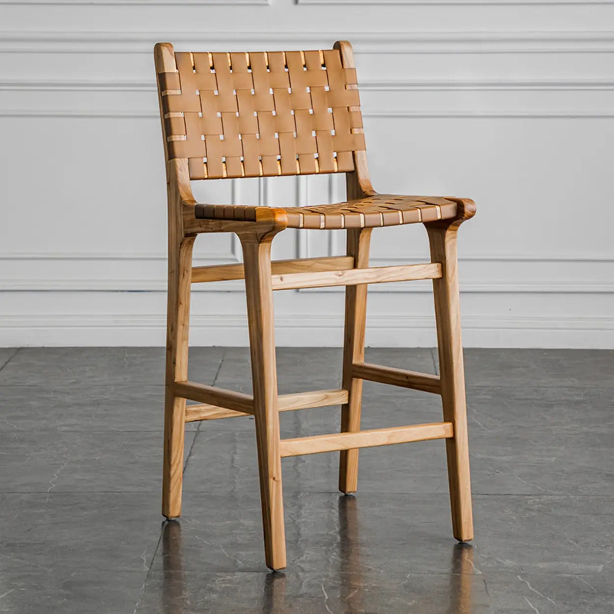 Rectangle Wood Leather Woven Bar Stool with Footrest Image - 3
