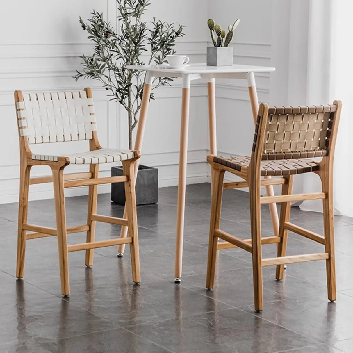 Rectangle Wood Leather Woven Bar Stool with Footrest Image - 4