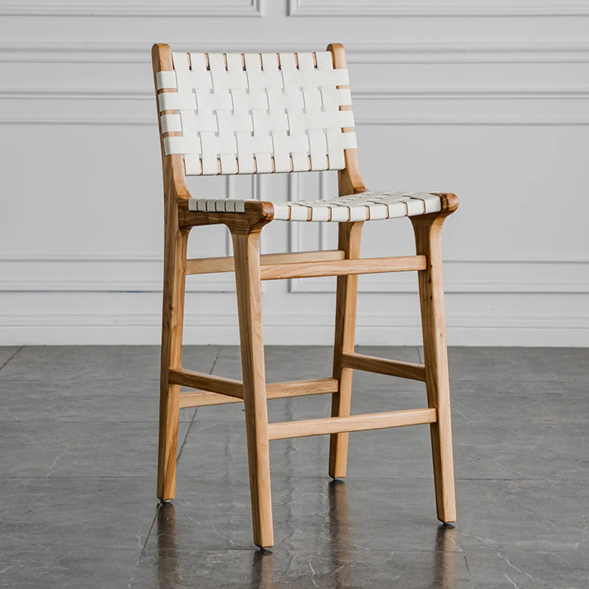 Rectangle Wood Leather Woven Bar Stool with Footrest Image - 5