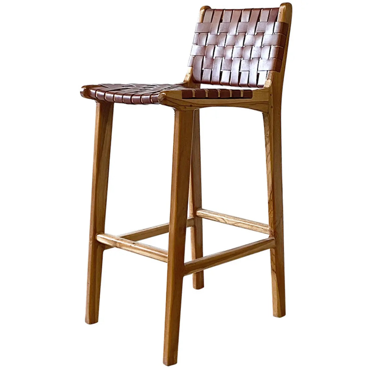 Rectangle Wood Leather Woven Bar Stool with Footrest Image - 7
