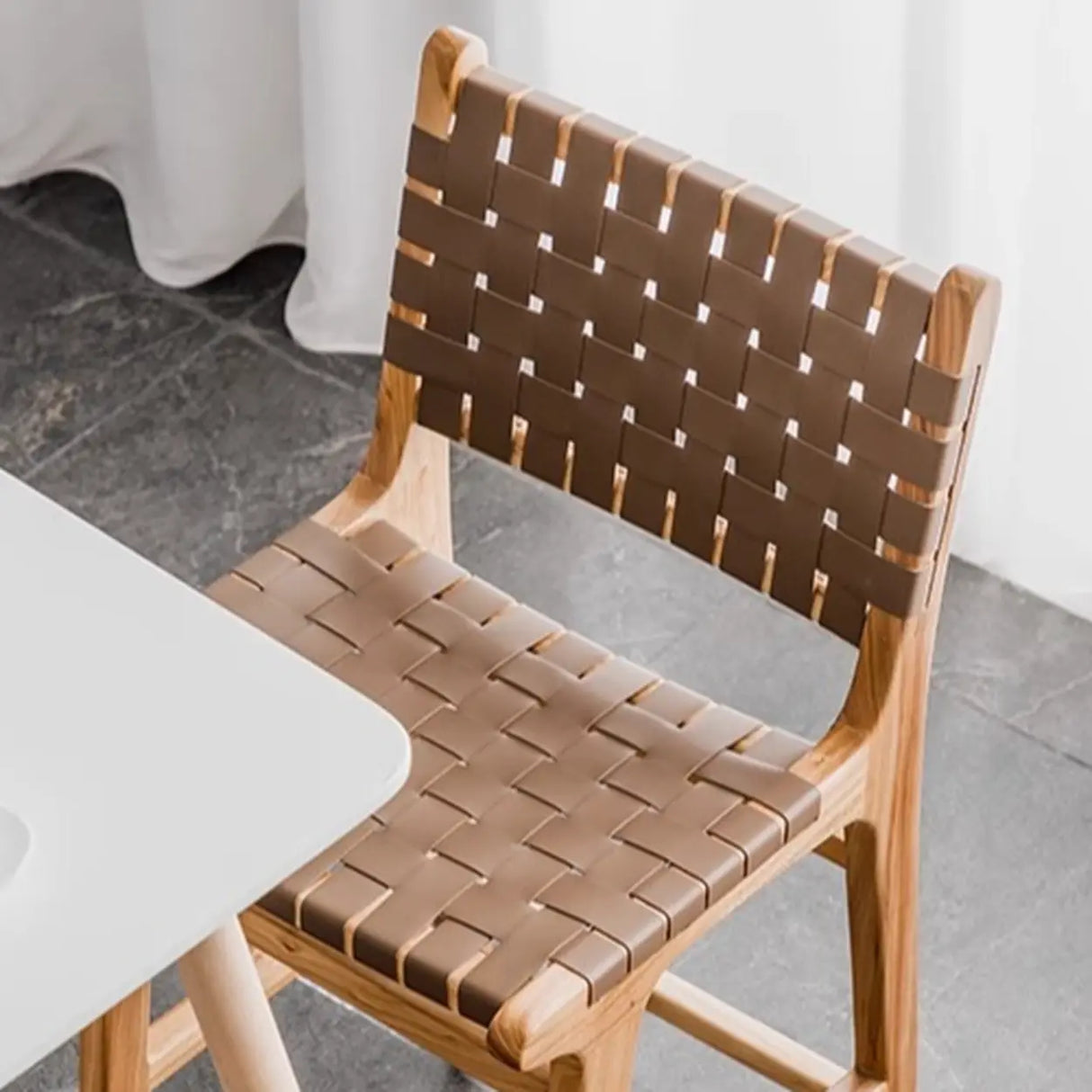 Rectangle Wood Leather Woven Bar Stool with Footrest Image - 8