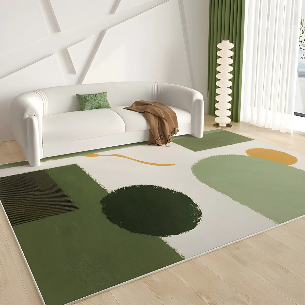 Rectangular Abstract Beige-Green Polyester Area Rug Image - 10