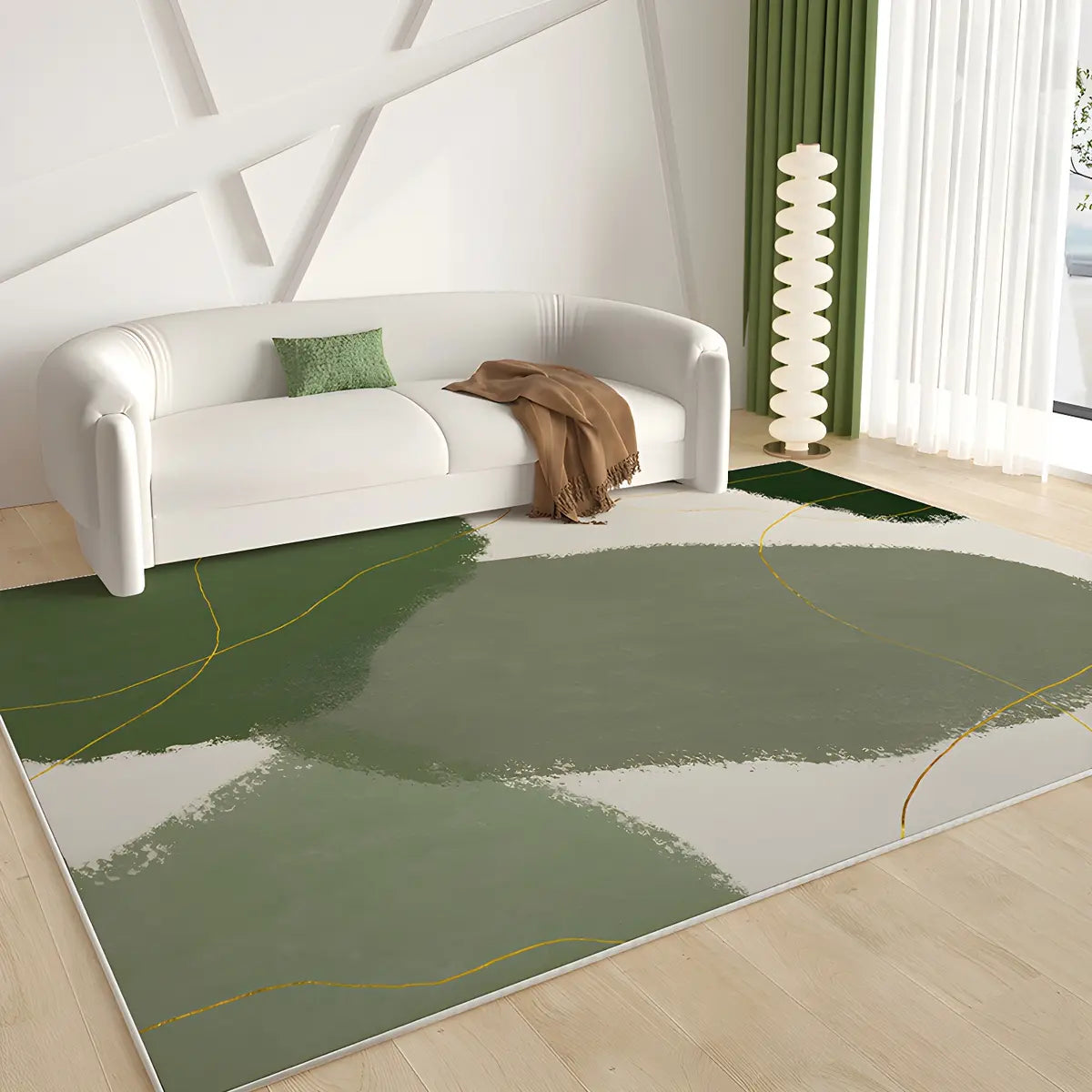Rectangular Abstract Beige-Green Polyester Area Rug Image - 2