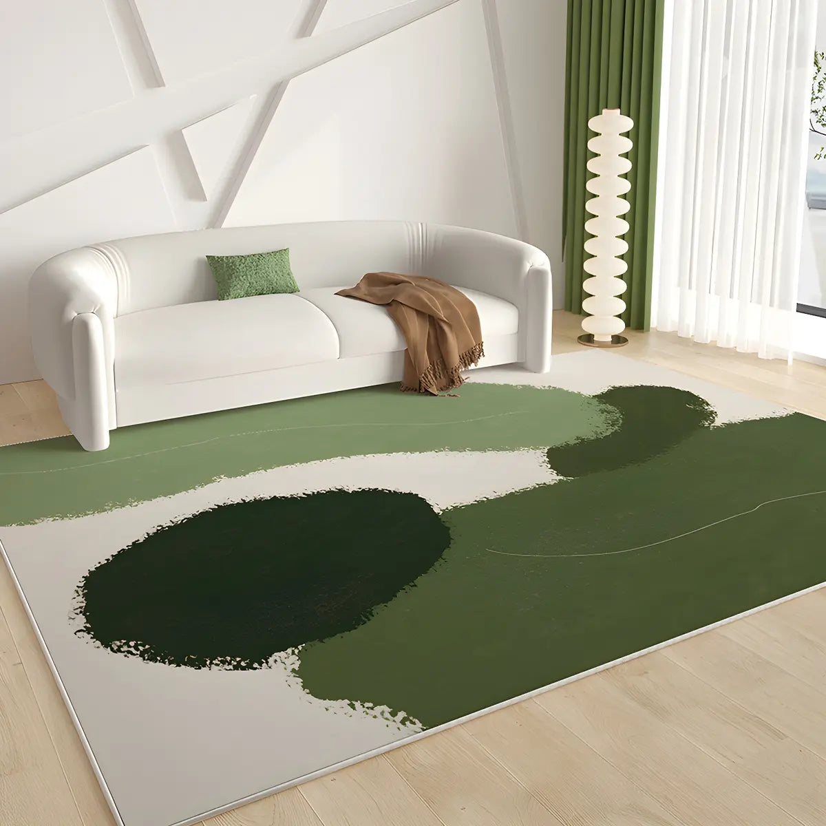 Rectangular Abstract Beige-Green Polyester Area Rug Image - 3