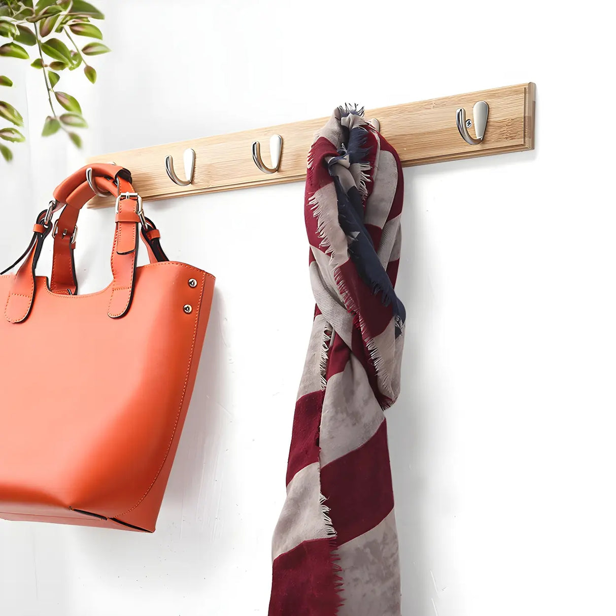 Rectangular Bamboo Wood Wall-Mounted Coat Rack with Hooks Image - 1