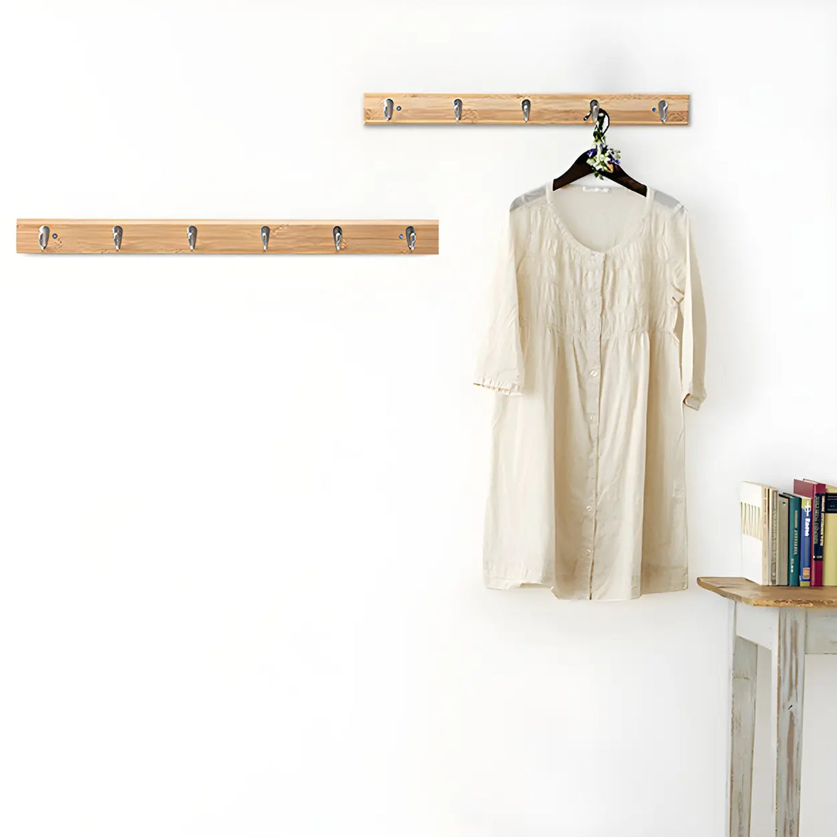 Rectangular Bamboo Wood Wall-Mounted Coat Rack with Hooks Image - 30