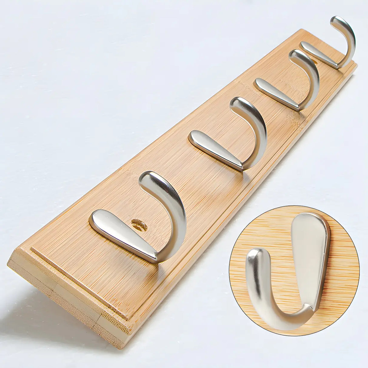 Rectangular Bamboo Wood Wall-Mounted Coat Rack with Hooks Image - 46