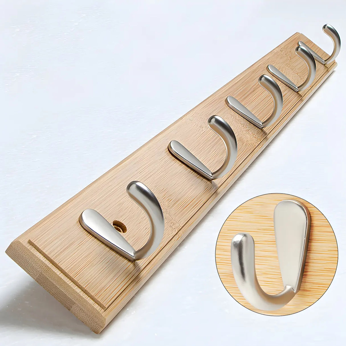 Rectangular Bamboo Wood Wall-Mounted Coat Rack with Hooks Image - 49