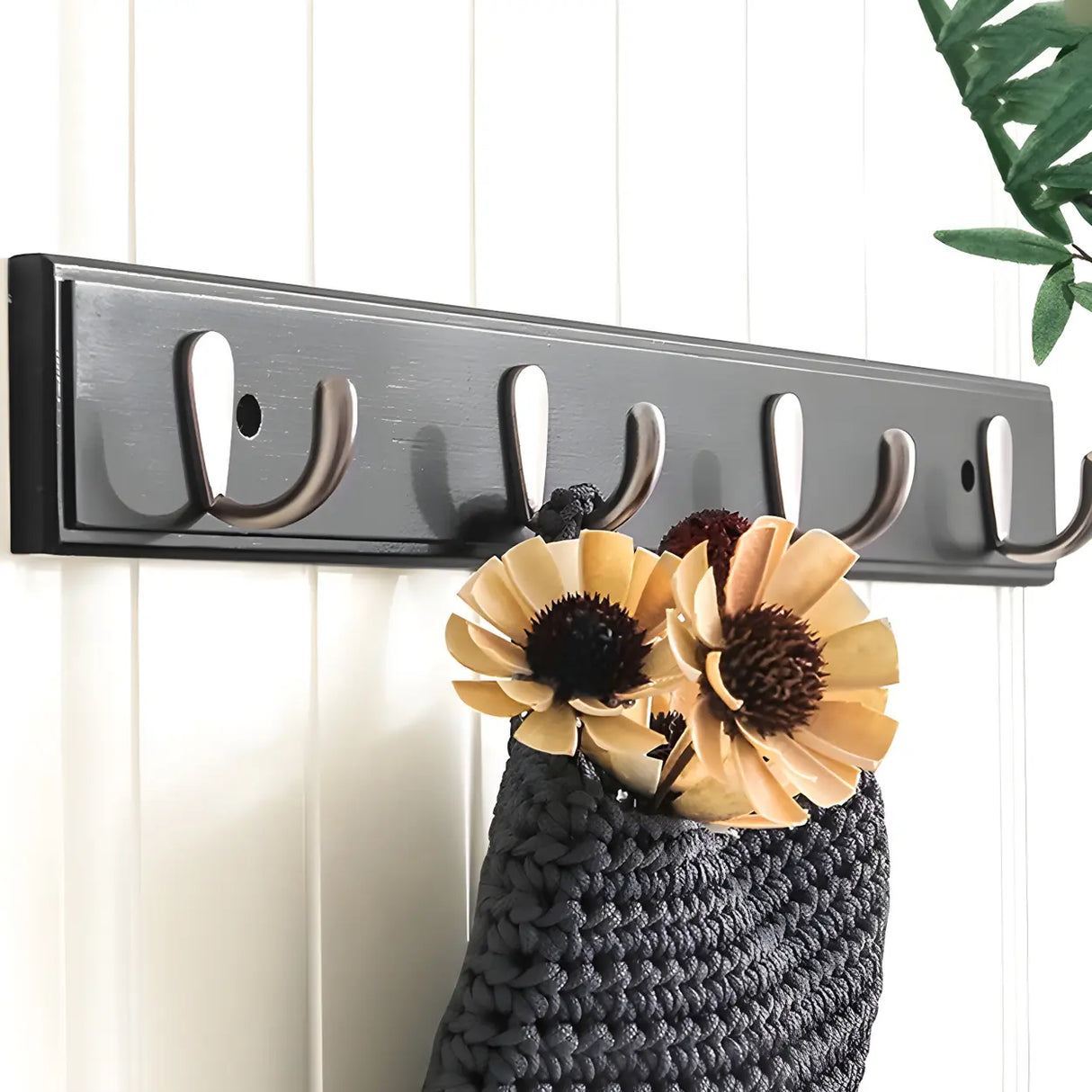 Rectangular Bamboo Wood Wall-Mounted Coat Rack with Hooks Image - 4