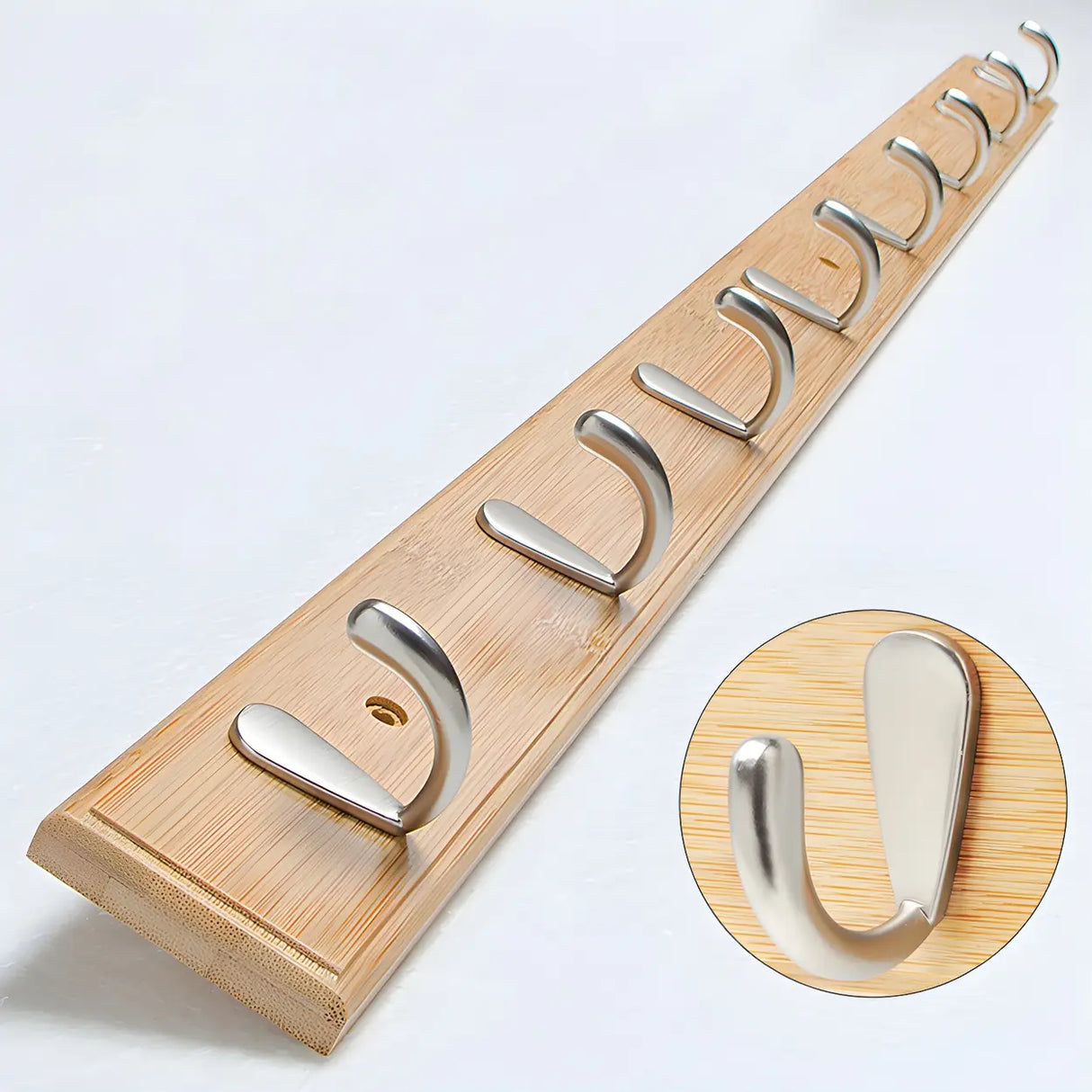 Rectangular Bamboo Wood Wall-Mounted Coat Rack with Hooks Image - 58