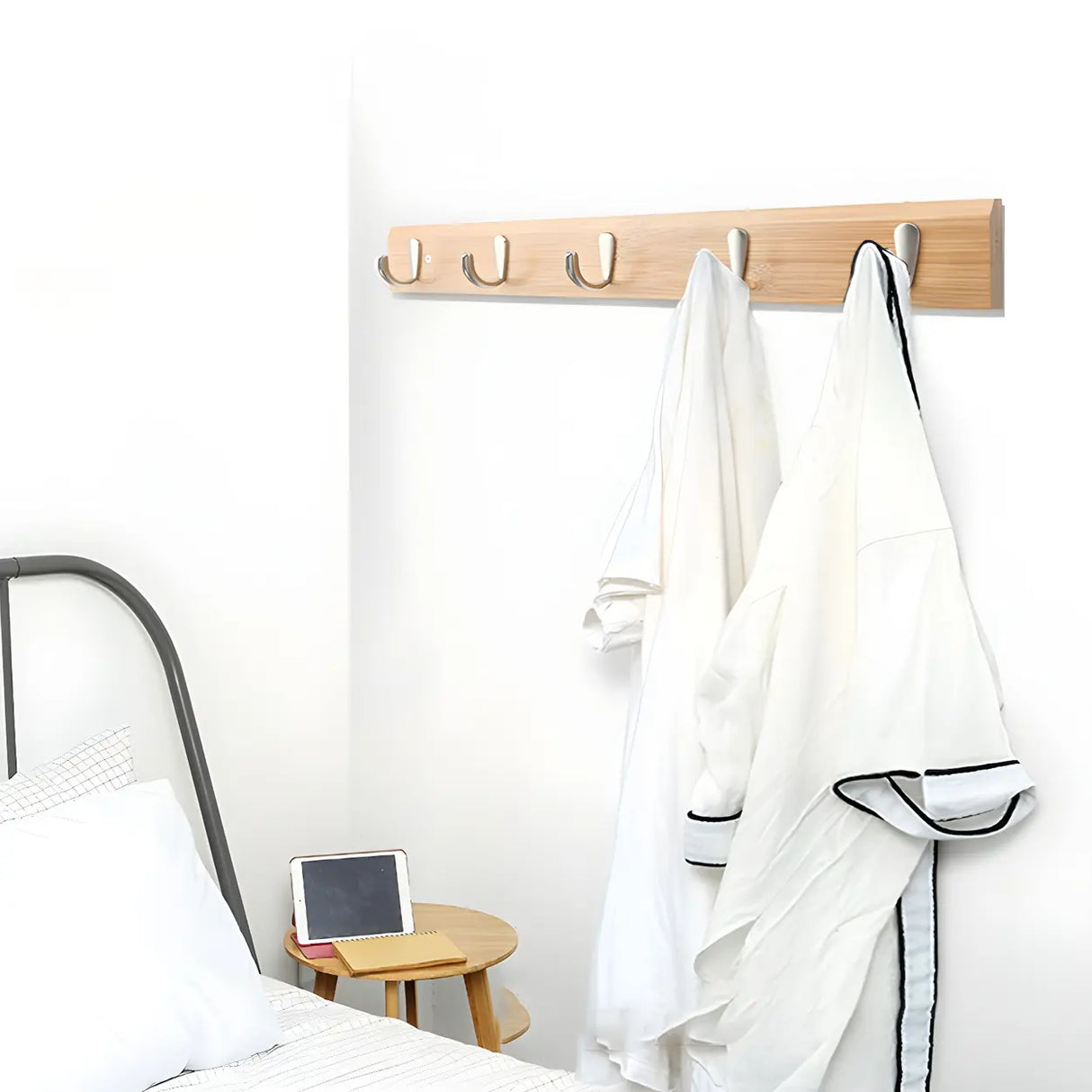 Rectangular Bamboo Wood Wall-Mounted Coat Rack with Hooks Image - 6