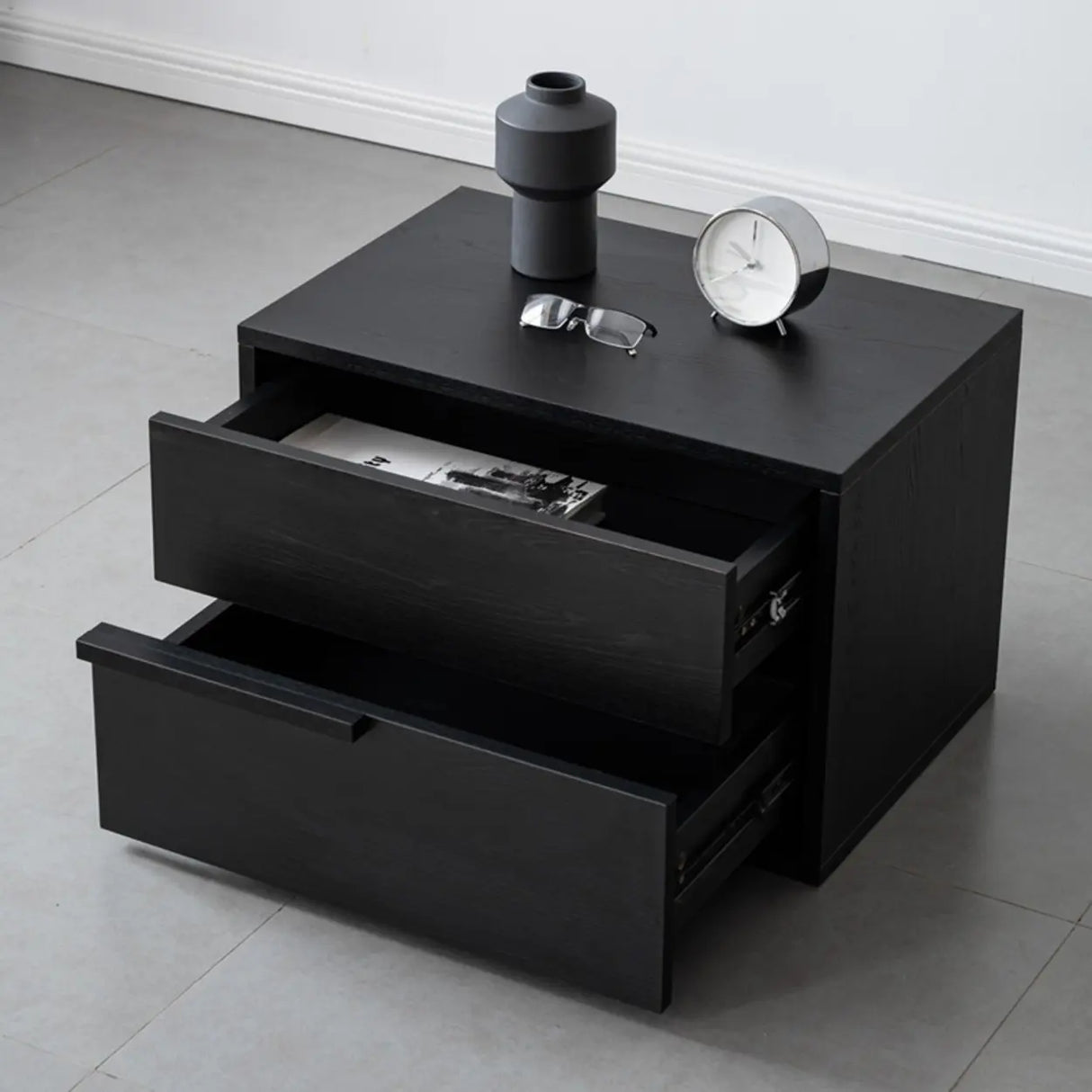 Rectangular Black Large Storage Wood Drawers Nightstand Image - 4