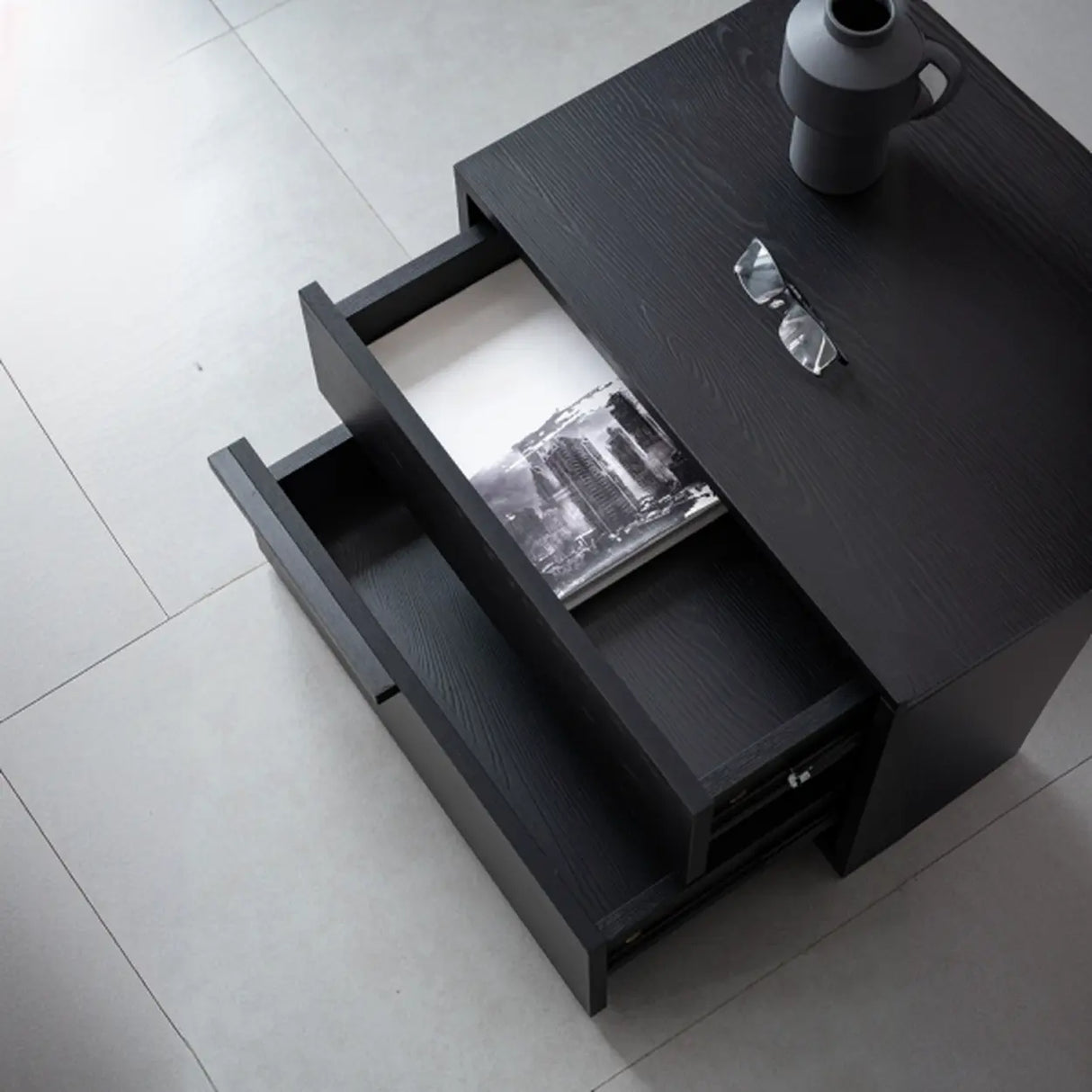 Rectangular Black Large Storage Wood Drawers Nightstand Image - 7