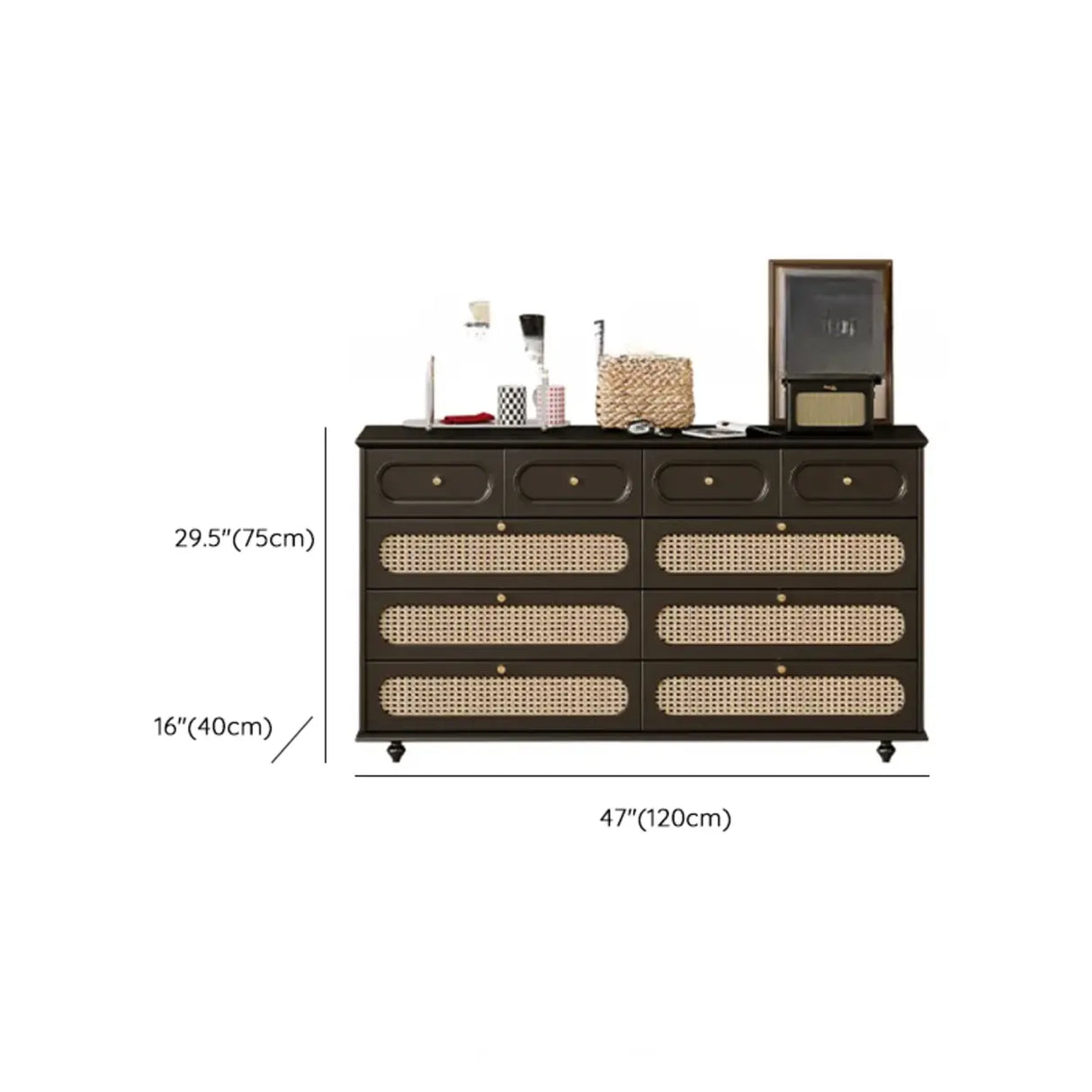 Rectangular Black Wood Double Dresser with Drawers