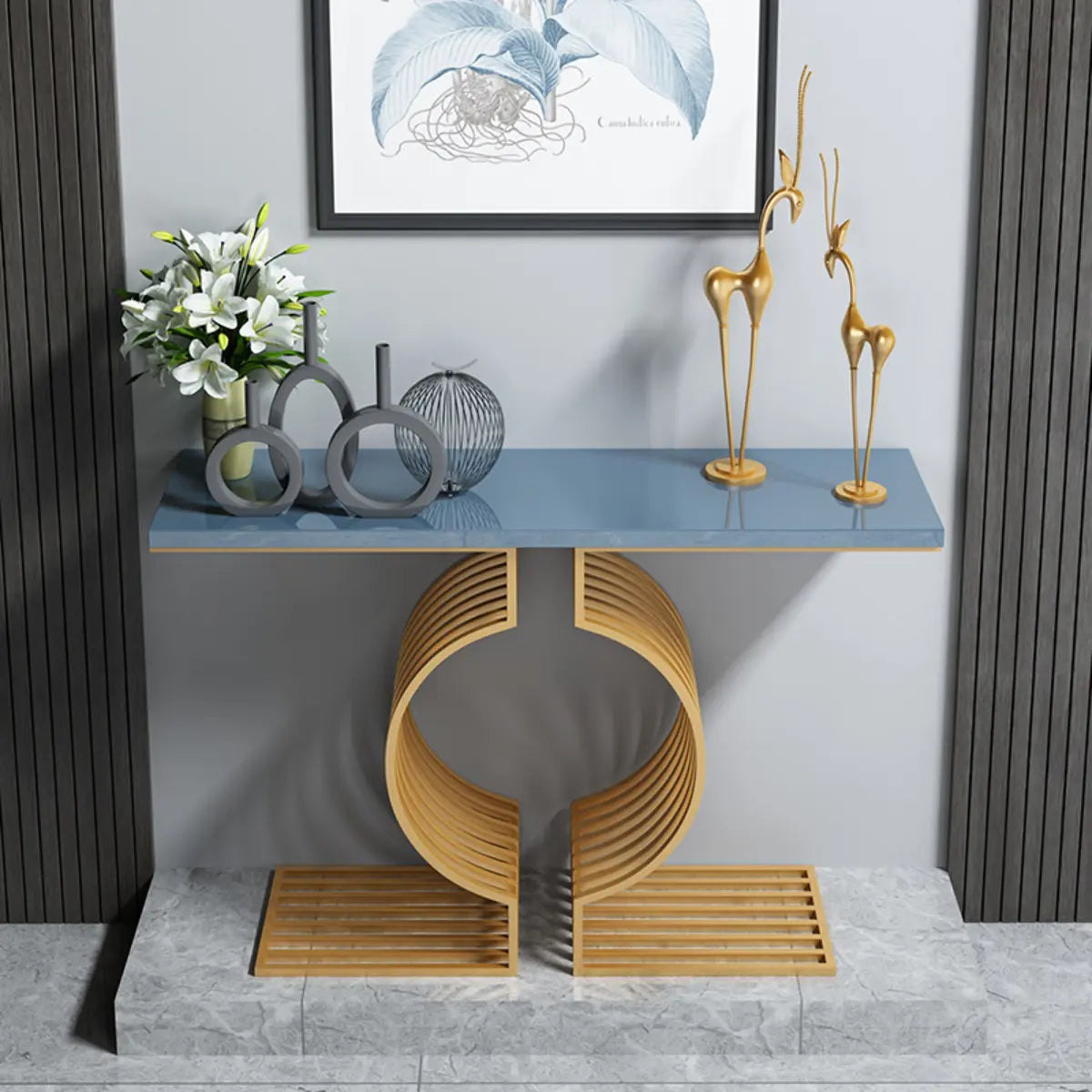 Rectangular Blue Wood Geometric Entry Console Table Image - 1