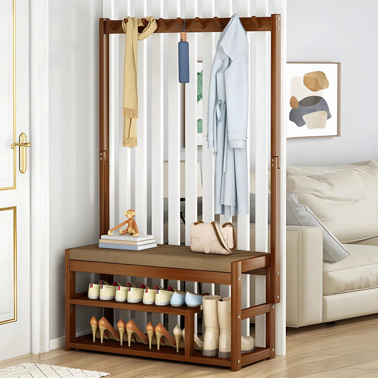 Rectangular Brown Wood Garment Rack with Shoe Storage Image - 12