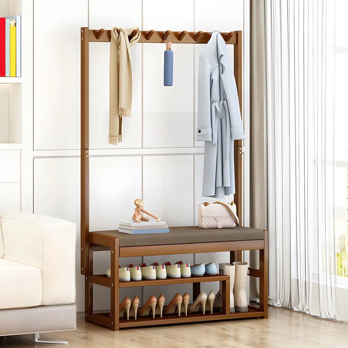 Rectangular Brown Wood Garment Rack with Shoe Storage Image - 2