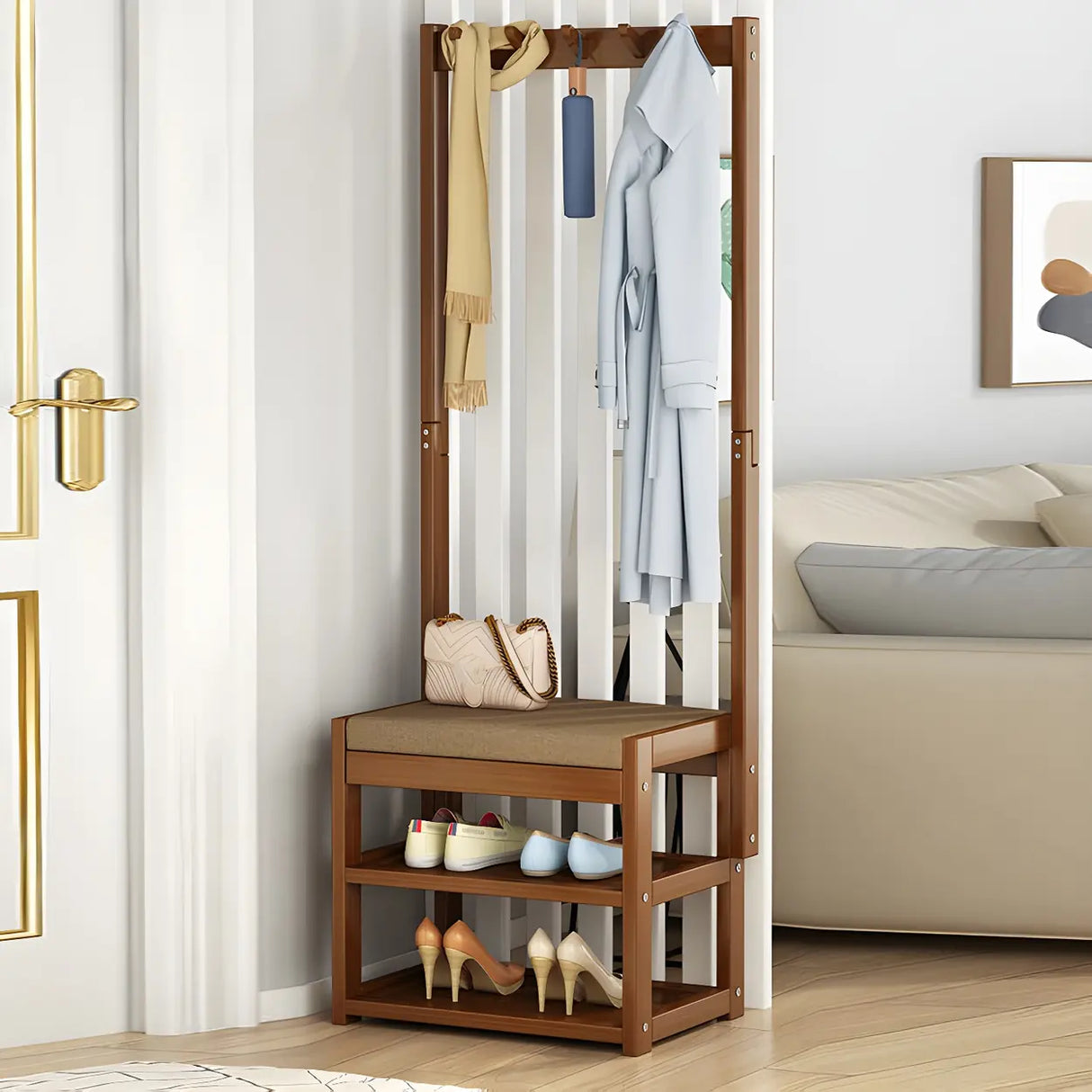 Rectangular Brown Wood Garment Rack with Shoe Storage Image - 3