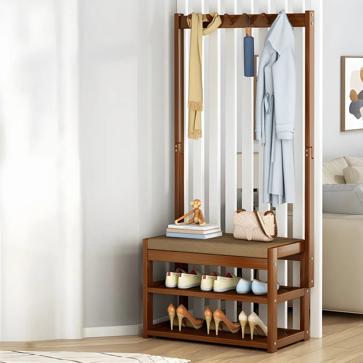 Rectangular Brown Wood Garment Rack with Shoe Storage Image - 4