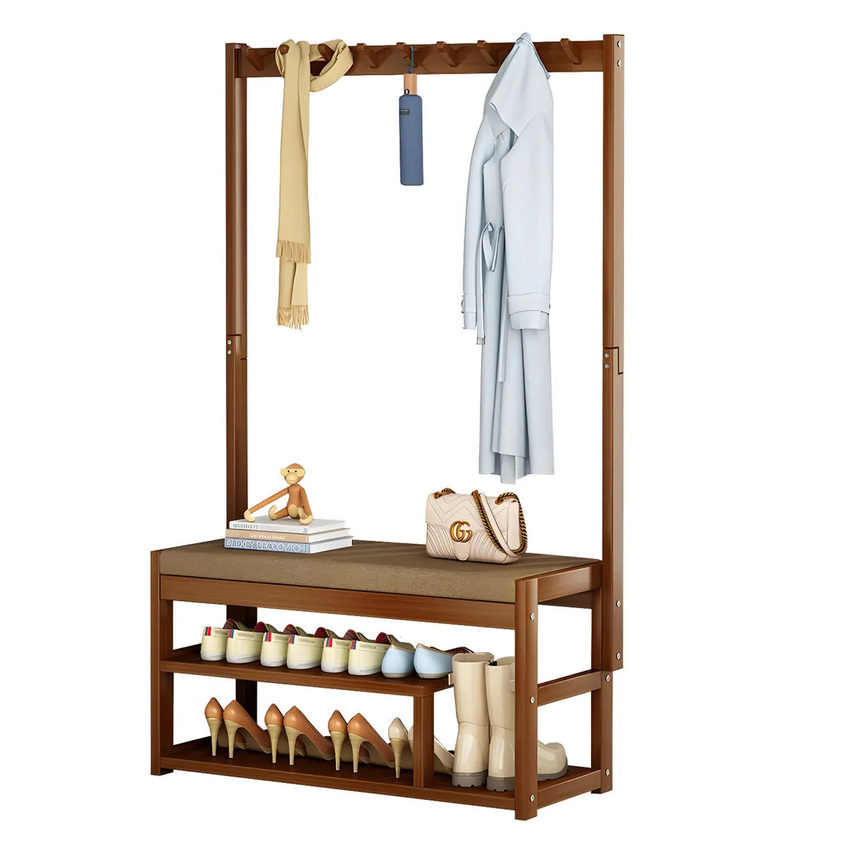 Rectangular Brown Wood Garment Rack with Shoe Storage Image - 5