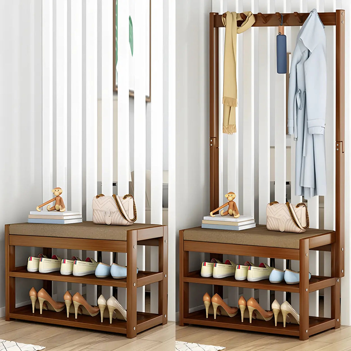 Rectangular Brown Wood Garment Rack with Shoe Storage Image - 9