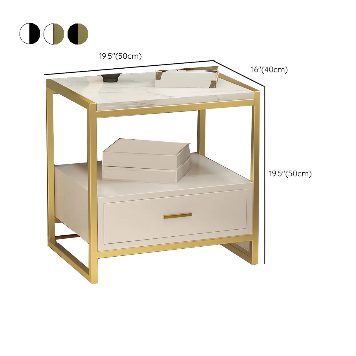 Rectangular Faux Marble White-Gold Storage Nightstand