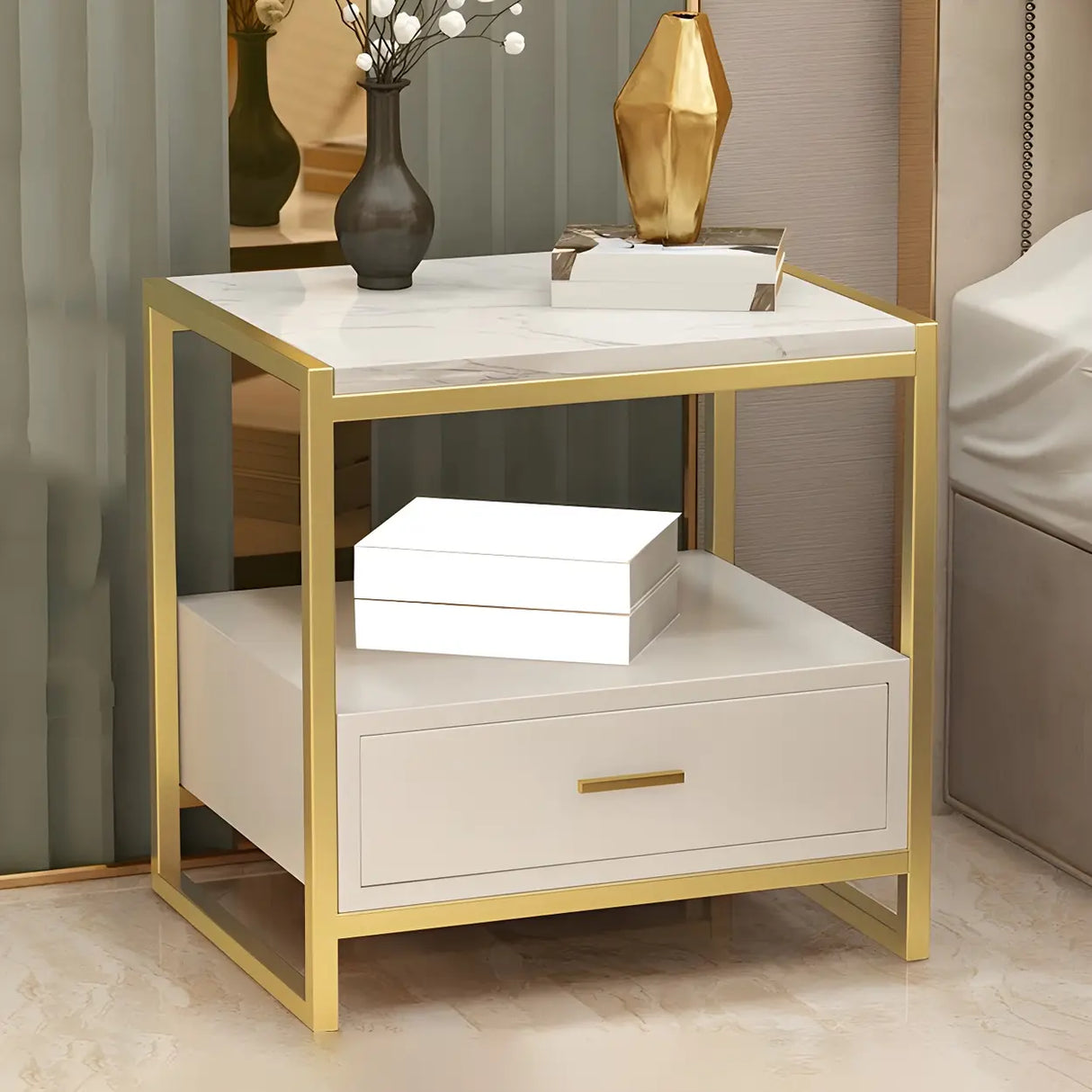 Rectangular Faux Marble White-Gold Storage Nightstand Image - 1
