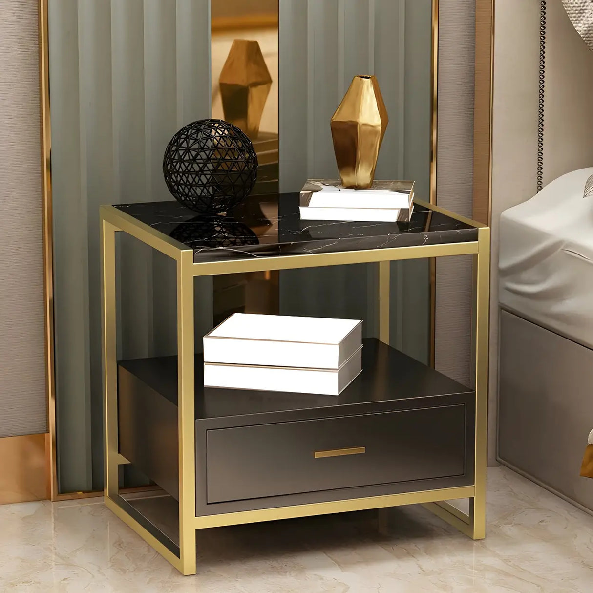 Rectangular Faux Marble White-Gold Storage Nightstand Image - 10
