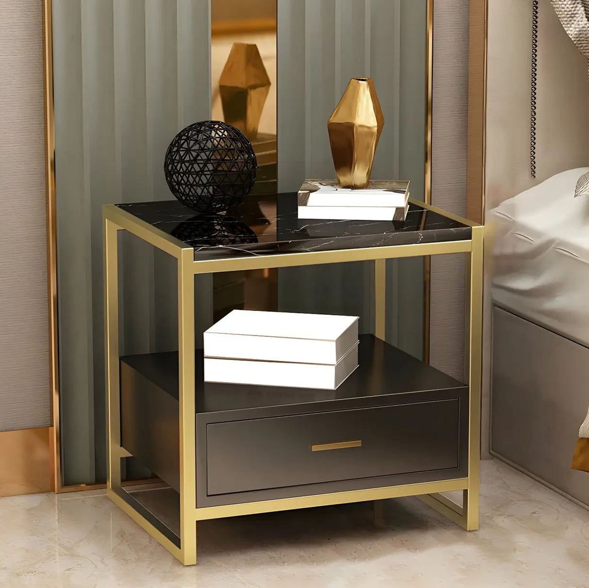 Rectangular Faux Marble White-Gold Storage Nightstand Image - 2