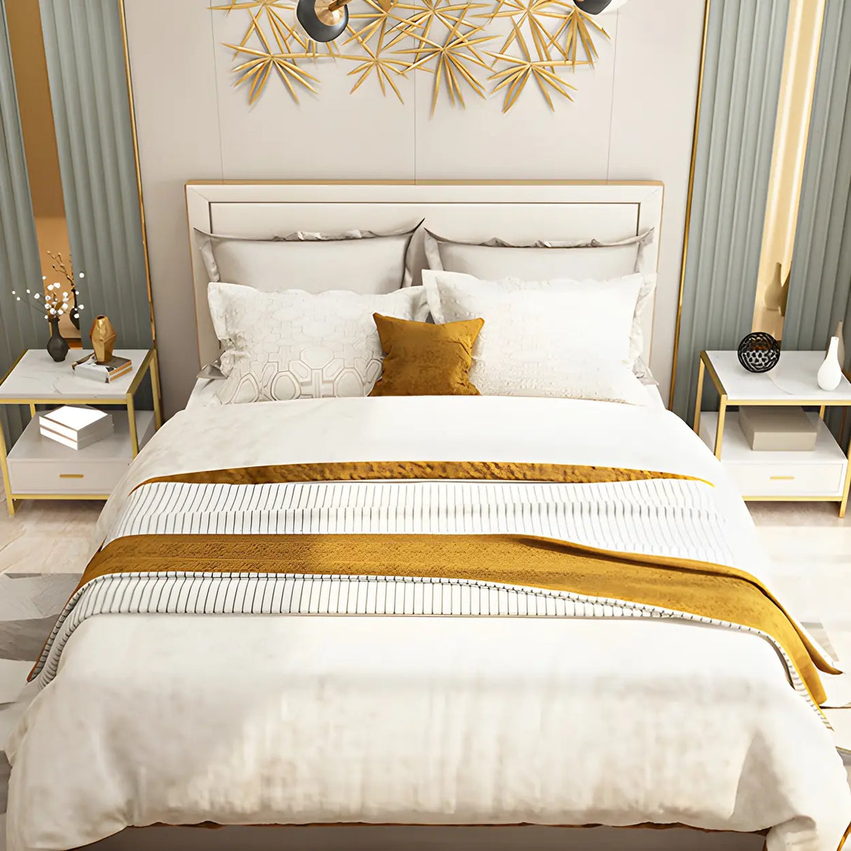 Rectangular Faux Marble White-Gold Storage Nightstand Image - 4