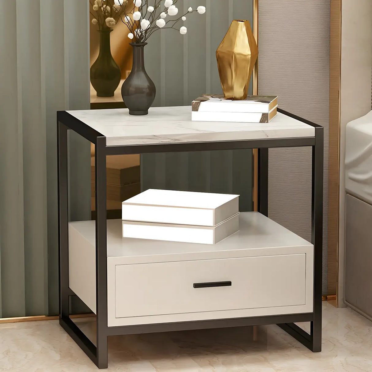 Rectangular Faux Marble White-Gold Storage Nightstand Image - 5