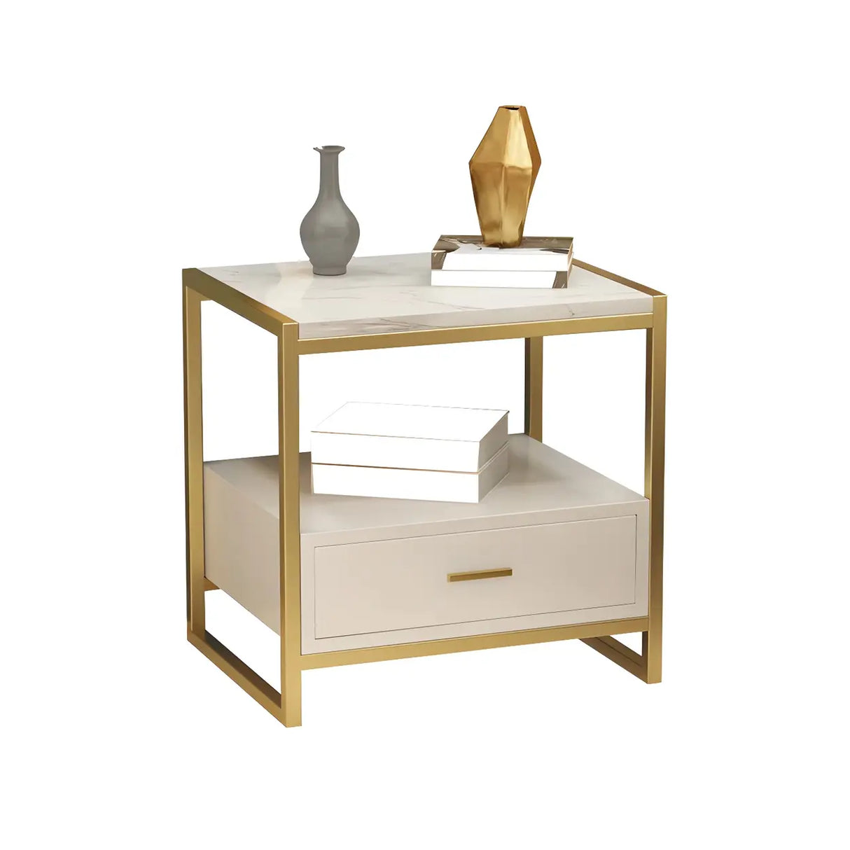 Rectangular Faux Marble White-Gold Storage Nightstand Image - 6