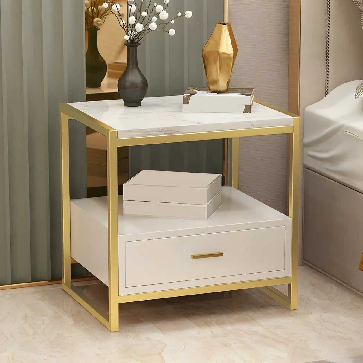 Rectangular Faux Marble White-Gold Storage Nightstand Image - 8