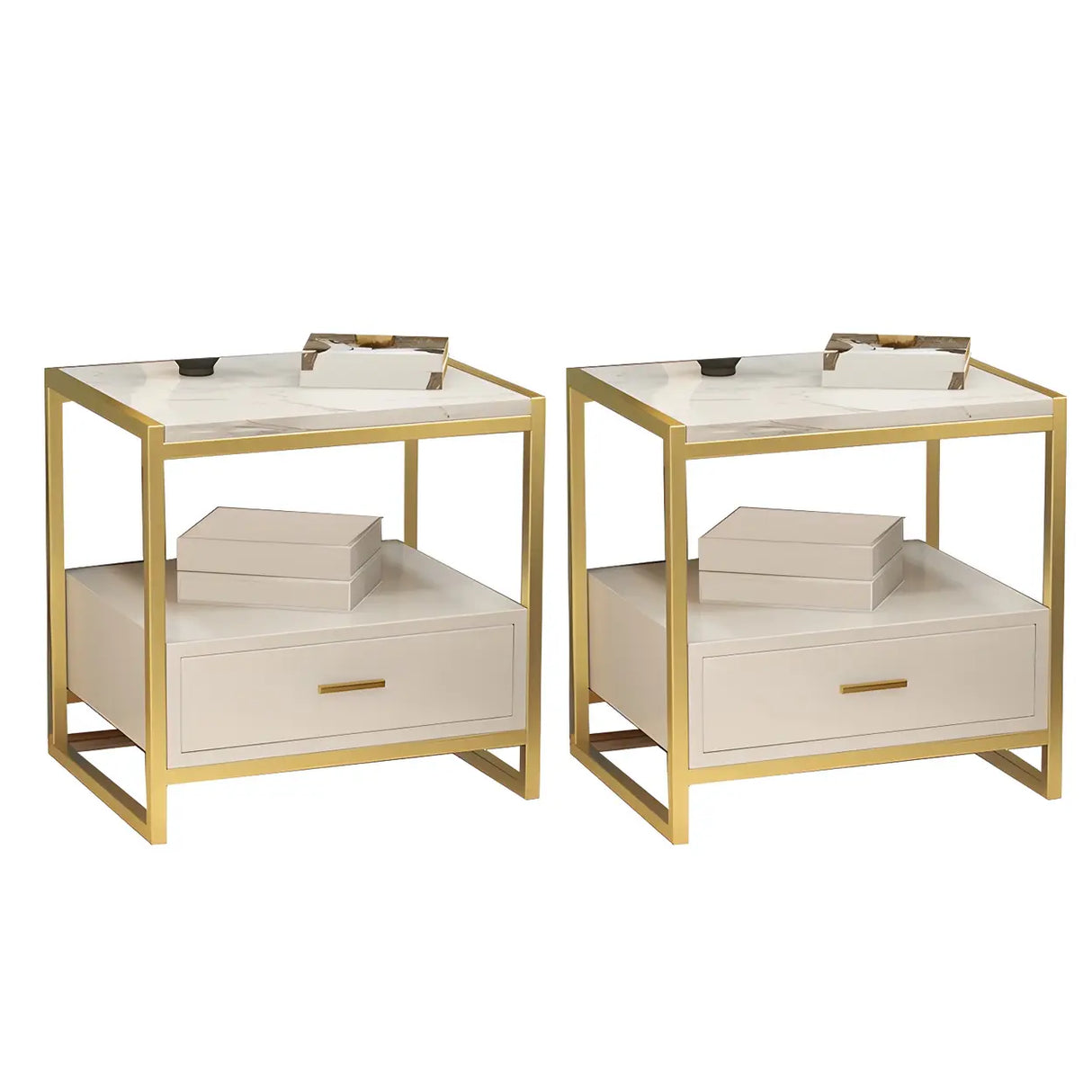 Rectangular Faux Marble White-Gold Storage Nightstand Image - 17