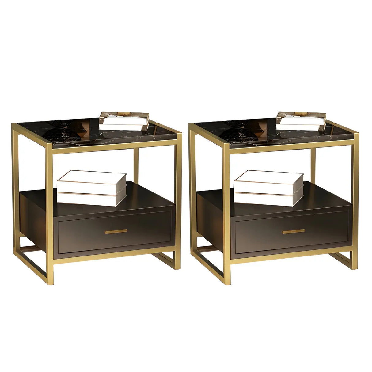 Rectangular Faux Marble White-Gold Storage Nightstand Image - 18